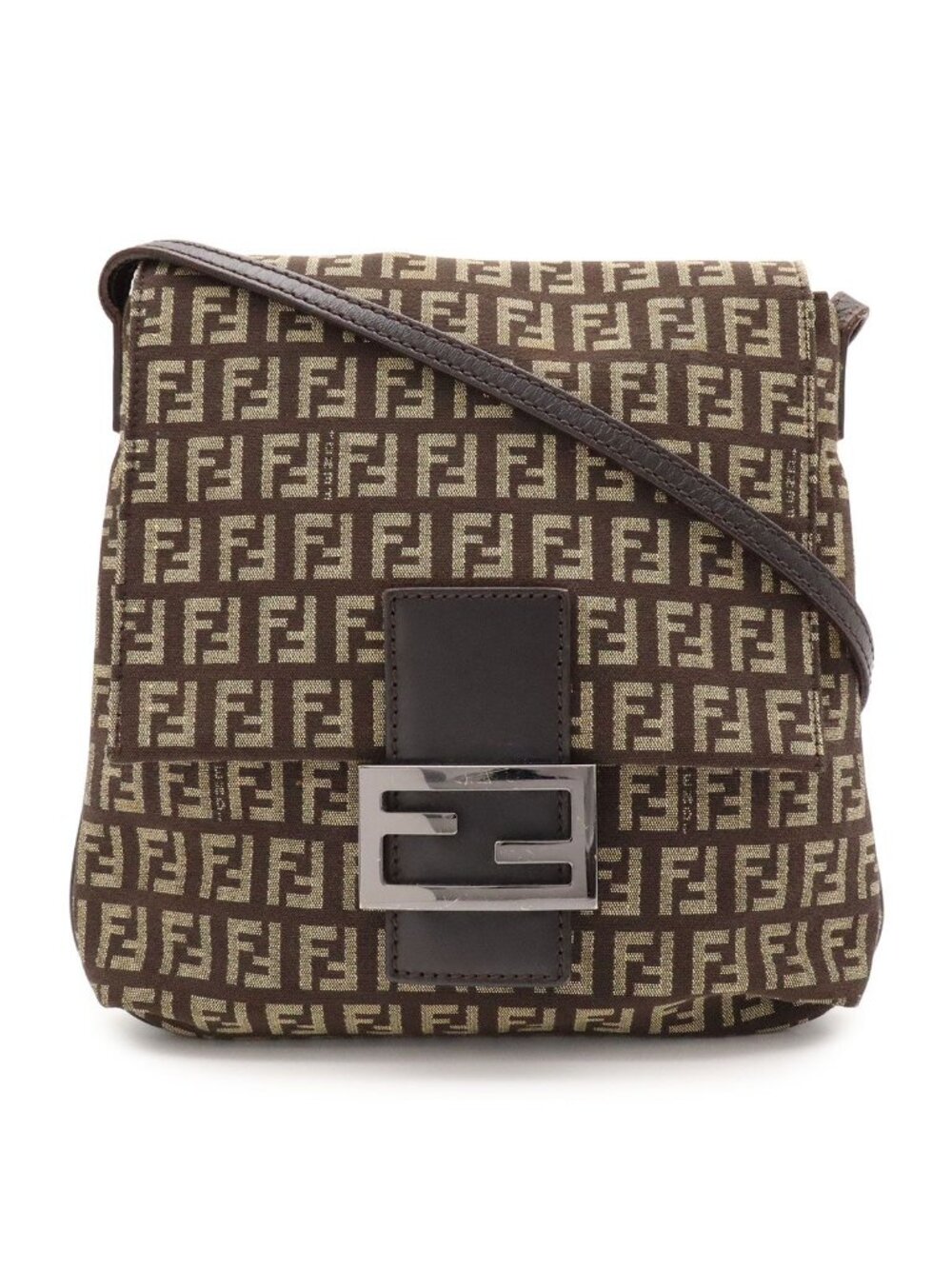 Fendi Zucchino Pattern Shoulder Bag Pochette Crossbody Canvas Leather Brown